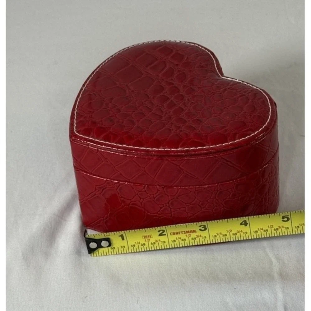 Red Faux Croc Heart Jewelry Box Travel Case Mirror Removable Tray Divided‎ 86-00